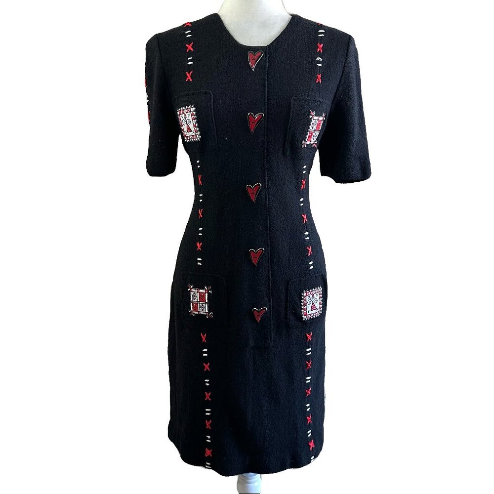 Vtg 80s Handmade Sweater Wool Blend Heart Button Bodycon Black Dress
